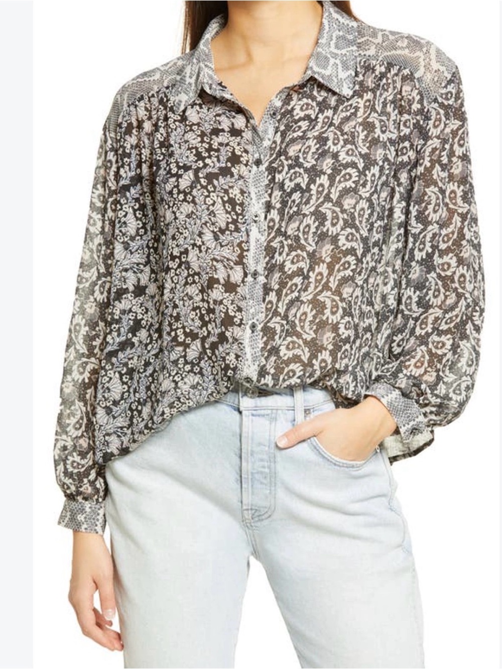 Free People Black and White Sheer Mixed Floral Button-Down Shirt